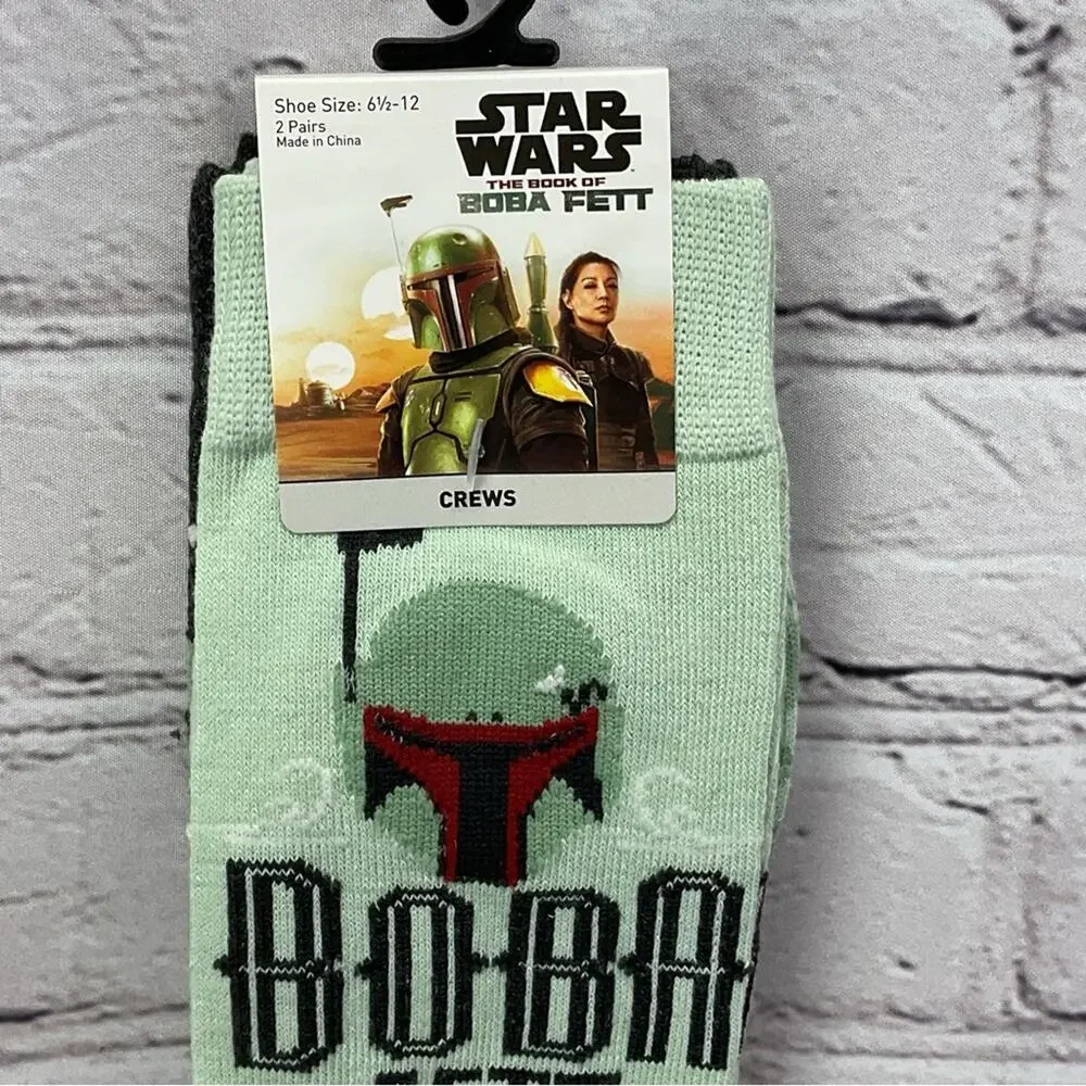 Disney Star Wars Novelty Crew Socks Boba Fett 2 Pair Men's Shoe Size 6.5-12 NWT